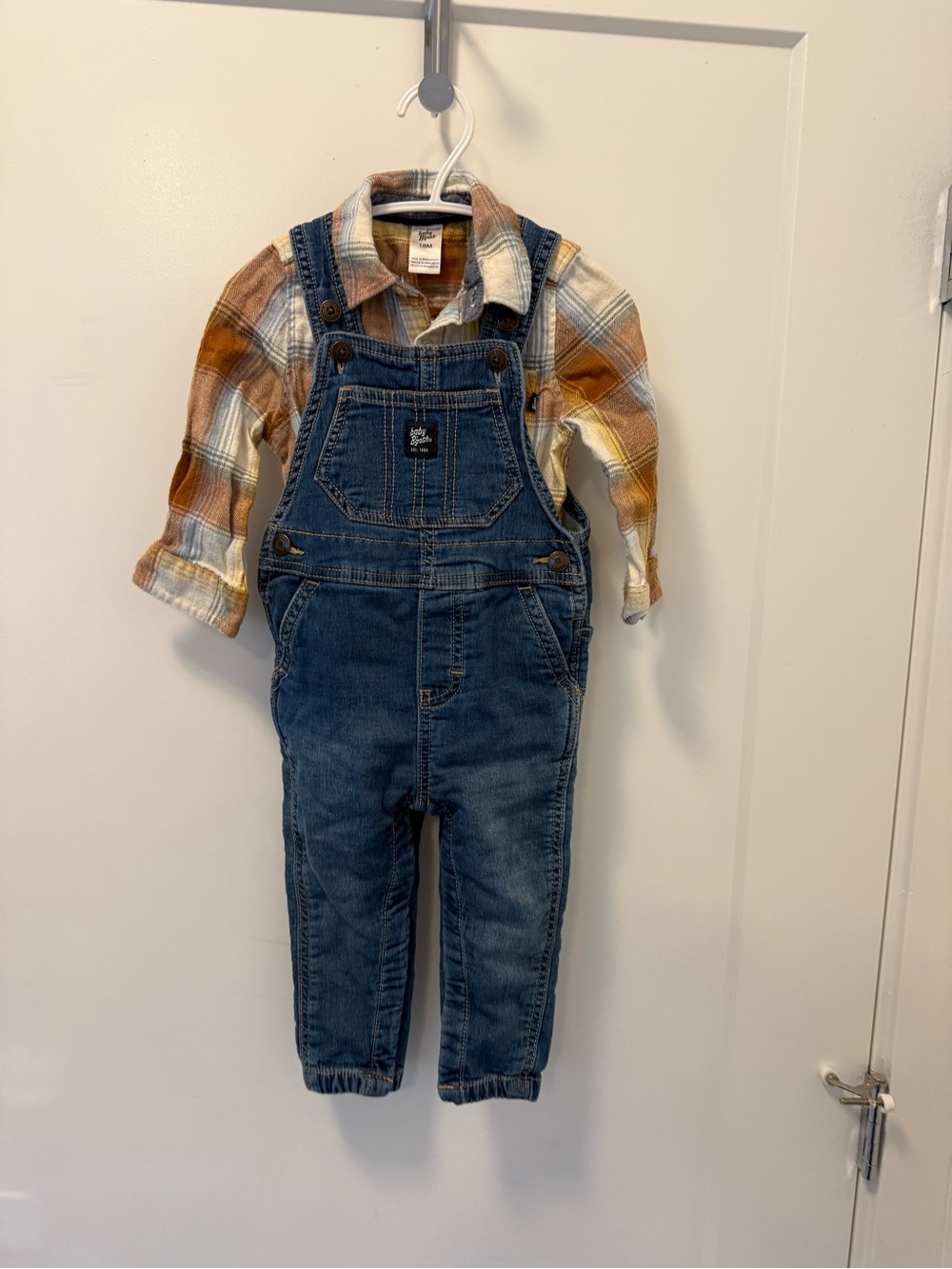 Oshgosh baby B’gosh Blue Denim Overalls and flannel body suit button up 18 month